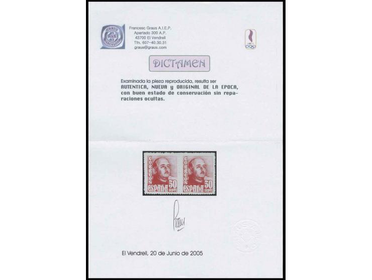 1948, General Franco 50 C., Probedruck in rosarot, waagerechtes Paar, postfrisch, Pracht, Befund Graus (Edifil 1022cca)
