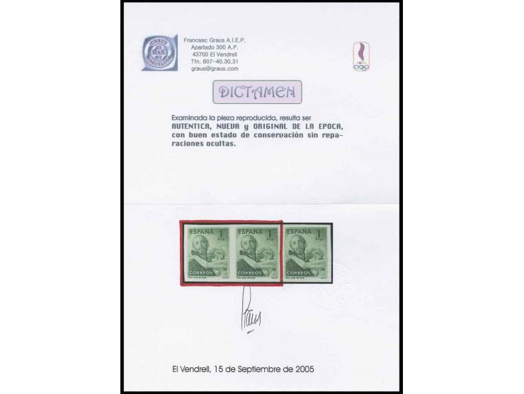 1950, San Juan de Dios 1 Pta., ungezähnter Probedruck in grün im waagerechten Paar, postfrisch, Pracht, Befund Graus für eine