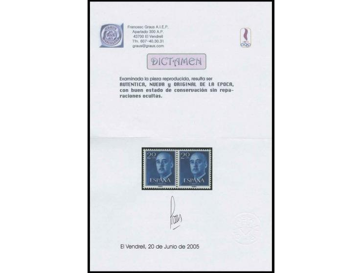 1955/60, General Franco 20 C., Probedruck in dunkelblau im waagerechten Paar, postfrisch, Pracht, sehr selten, Befund Graus (