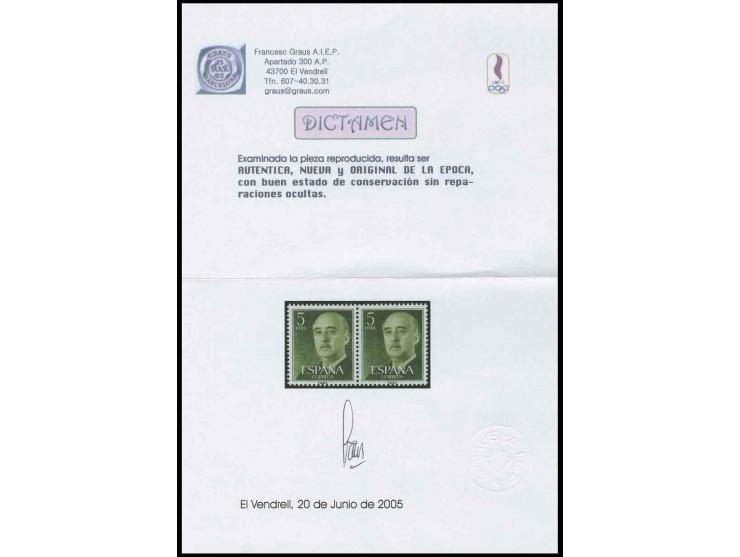 5 Pta., Probedruck in dunkelgelbgrün im waagerechten Paar, postfrisch, Pracht, sehr selten, Befund Graus (Edifil 1160cc)