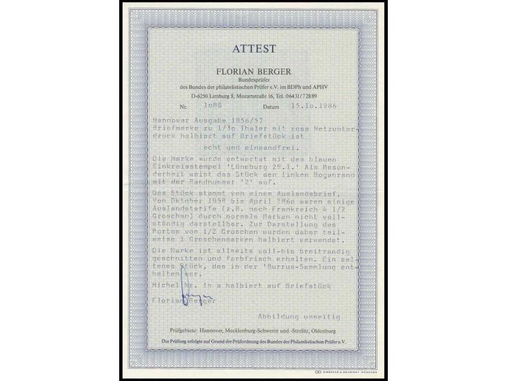 1856/57, Wappen-Ausgabe mit Netzunterdruck: 1/30 Thaler rosa genetzt, senkrecht halbiert, linke Hälfte, allseits voll- bis br
