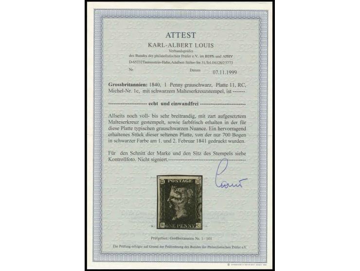 1 d. black, plate 11, RC, clear at bottom, otherwise good to wide margins, cancelled by clear black MC, a fine copy of this r