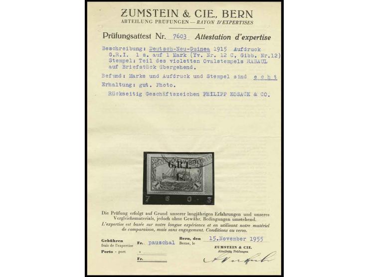 1 s. on 1 M. tied by part of oval cancel "RABAUL" to small piece, fine, signed Kosack and Zumstein with latters certificate (