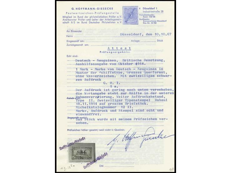 1 s. on 1 M. (2nd. setting, position 1) and 2 s. on 2 M. tied by two-lined handstamped, Type II, "RABAUL  NOV 18 1914", to la