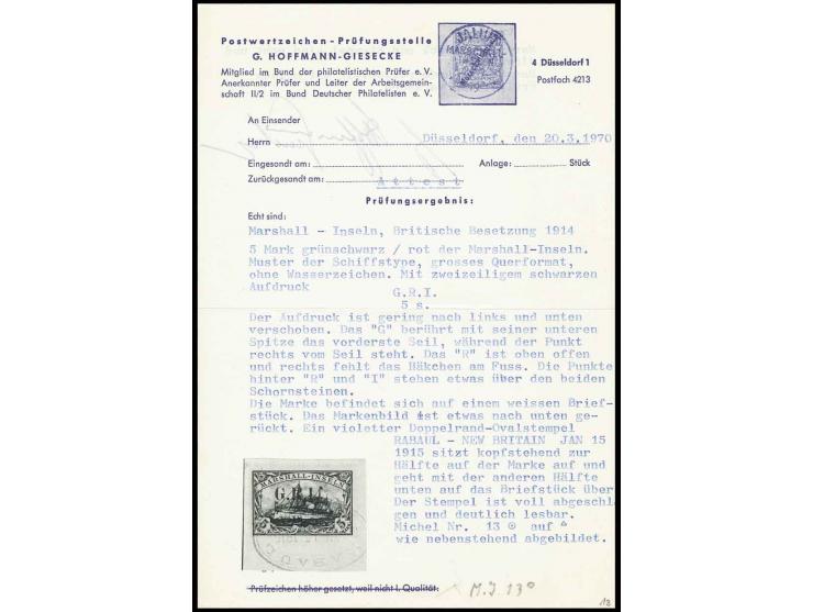 5 s. on 5 M. tied by oval cancel "RABAUL JAN 15 1915" to small fragment, fine, signed Roumet and Hoffmann-Giesecke with the l