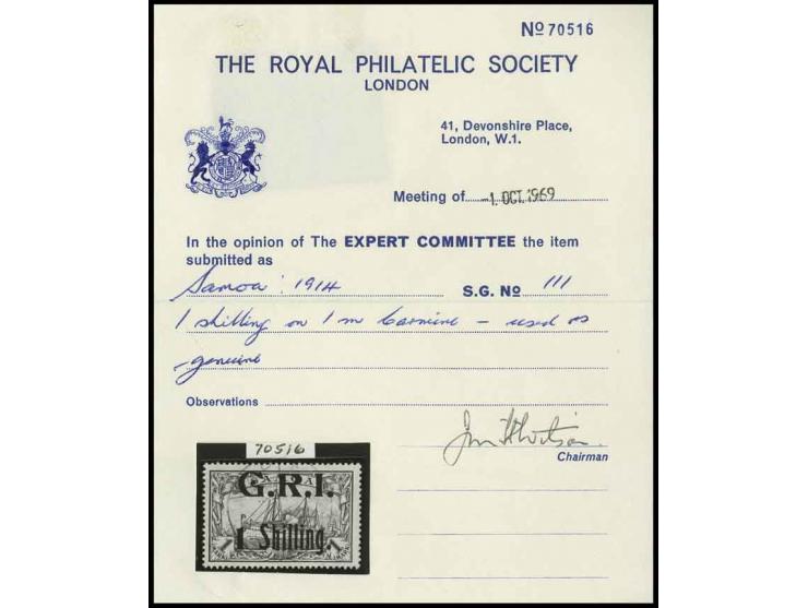 1 shilling. on 1 M., with a clear strike of "APIA", fine, certificate RPSL (ex Sammlung Gubito)