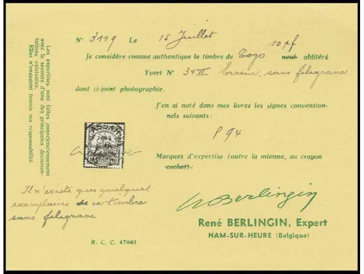 ANGLO-FRENCH OCCUPATION: 1914, 10 Pfg. without wmk., with clear strike of "ASSAHUN 1 1 15", fine, certificate Berlingin (ex S
