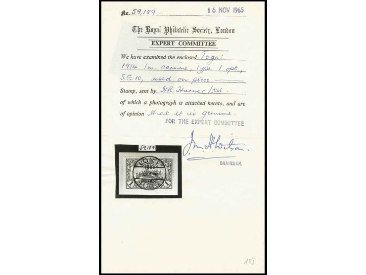 1 M. carmine tied by clear central strike of "LOME 10.12 14" to small piece, few toned perfs, otherwise fine, certificate RPS