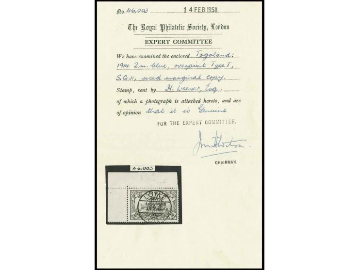 2 M. blue from the upper left sheet corner with clear central strike of "LOME 14/9 14", fine, rare stamp, certificate BPA (19
