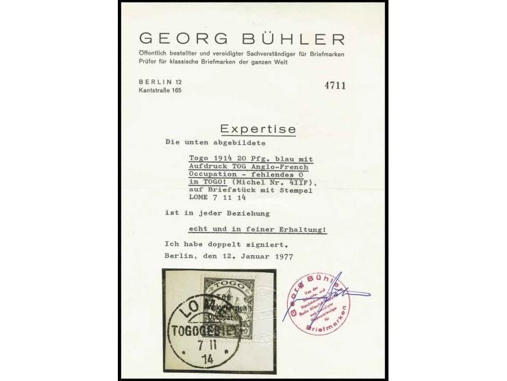 20 Pfg. with overprint error "TOG" tied by strike of "LOME 7 11 14" to piece, fine, signed Bühler with certificate (ex Sammlu