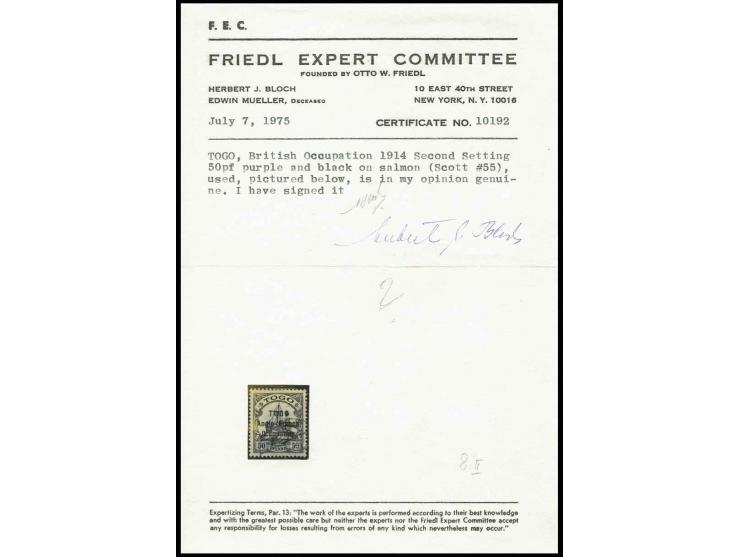 50 Pfg. with partial strike of "LOME 5 10 14", tiny corner crease at upper left otherwise fine, signed and certificate Bloch 