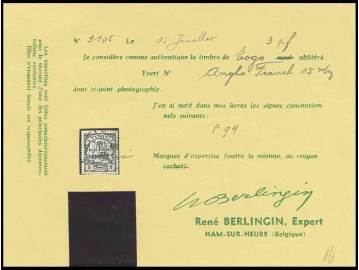 1915, 3 Pfg. with partial strike of "LOME", fine, certificate Berlingin (ex Sammlung Gubito)