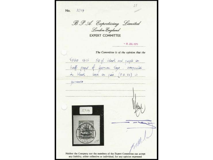 50 Pfg. tied by clear central strike of "LOME 7 1 15" to piece, fine, signed Calves and BPA certificate (ex Sammlung Gubito)