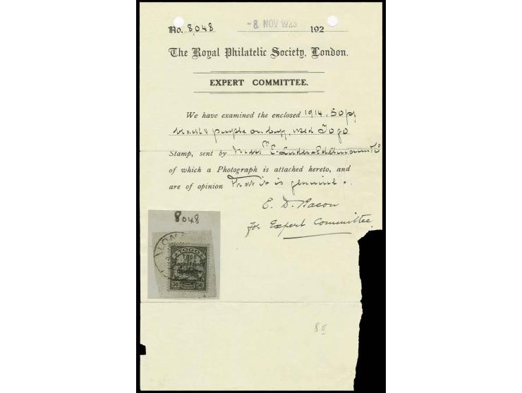50 Pfg. tied by strike of "LOME 29.9 14" to small piece, fine, certificate RPSL (1923) (ex Sammlung Gubito)