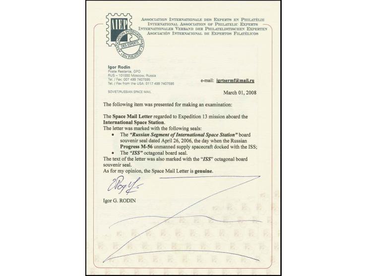 2006, Progress M-56, unbemannte Zuträgerrakete zur ISS-Weltraumstation, handschriftlicher Brief (englische Übersetzung dabei)