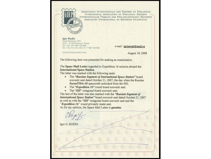 2007, SOJUS TMA-10, Brief mit handschriftlichem Inhalt des Kosmonauten Yuri Malenchenko, geschrieben an Bord der ISS zur Erde
