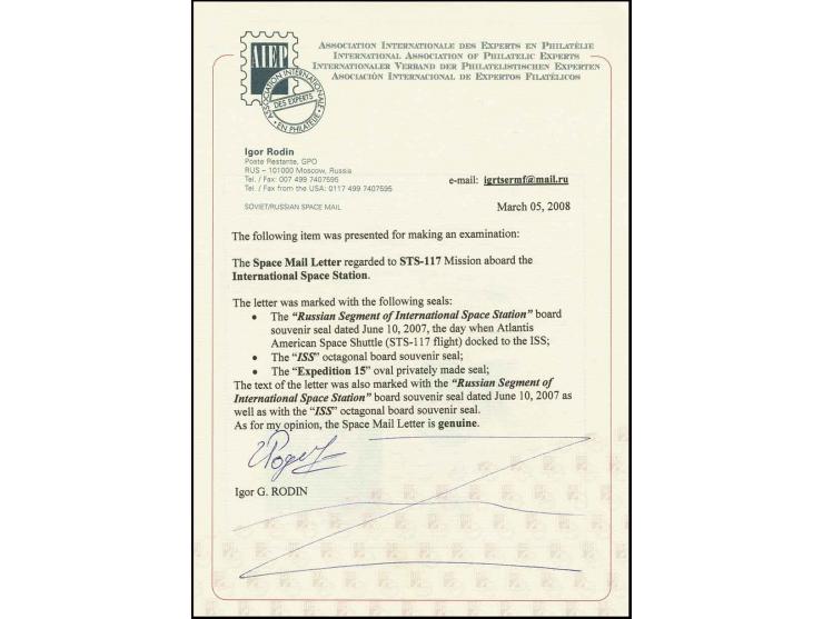2007, Space shuttle "Atlantis", Brief aus Rußland (englische Übersetzung dabei) an den russischen Kosmonauten Oleg Kotov an B