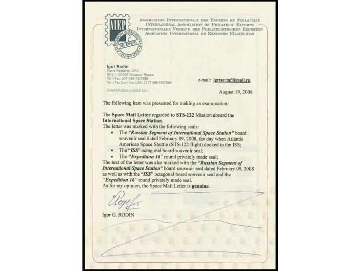 2008, SPACE SHUTTLE ATLANTIS (STS-122), Brief mit handschriftlichem Inhalt von Deutschland als R-Brief nach USA und befördert