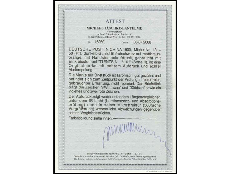 50 Pfg. mit Stempel "TIENTSIN 1/1/01" auf Briefstück, Kabinett, Fotoattest Jäschke-L. BPP, sign. ua. v. Willmann