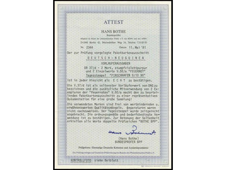 2 M. stumpfviolettpurpur und zweimal 50 Pfg. lebhaftbräunlichrot mit Stempel "FINSCHHAFEN 9/10 90" auf Paketkartenauschnitt, 