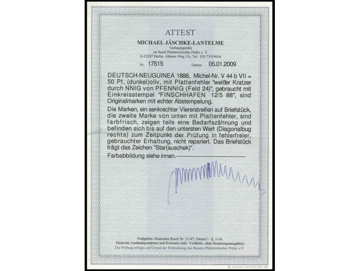50 Pfg. dunkeloliv im senkrechten Viererstreifen mit jeweils Stempel "FINSCHHAFEN 12/5 88" auf Briefstück, zweite Marke von u