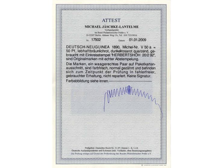 50 Pfg. lebhaftbräunlichrot im waagerechten Paar mit Stempel "HERBERTSHÖH 20/2 92" auf Paketkartenabschnitt, Kabinett, Fotoat