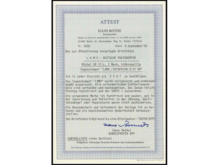 LAMU: 2 M. mittelrosalila mit Stempel "LAMU 5/12 89" auf Briefstück, dort der Stempel nochmals abgeschlagen, Kabinett, Fotoat