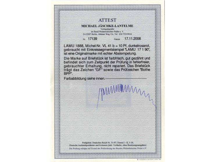 10 Pfg. dunkelrosarot mit Stempel "LAMU 17 1 90" auf kleinem Briefstück, Kabinett, sign. Bothe und Fotoattest Jäschke-L. BPP 