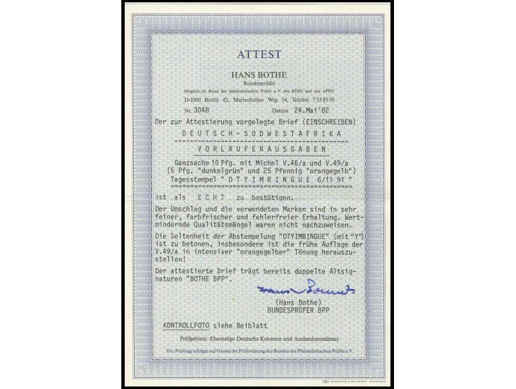 5 Pfg. mit oben Zwischensteg (dort etwas über Rand geklebt) und 25 Pfg. auf Ganzsachenumschlag 10 Pfg. mit Stempel "OTYIMBING