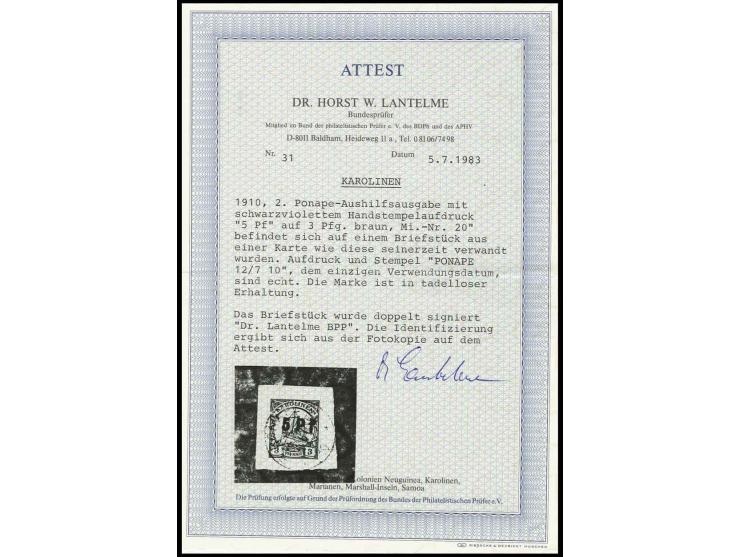1900, 2. Ponape-Provisorium 5 Pf. auf 3 Pfg. mit Stempel "PONAPE 12/7 10" auf kleinem Briefstück, Pracht, u.a. doppelt sign. 