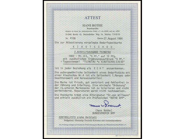 5 Pf. auf 10 Pfg. mit zusätzlichem Handstempelaufdruck "5 Pf." in größerer Type mit Stempel "TSINGTAU 2/8 00" auf Karte, etwa