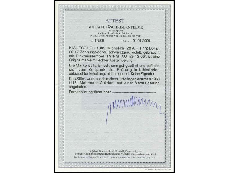 1½ $., sauber gestempelt "TSINGTAU 29 12 05", farbfrisch und sehr gut gezähnt, Kabinett, Fotoattest Jäschke-L. BPP (ex Sammlu