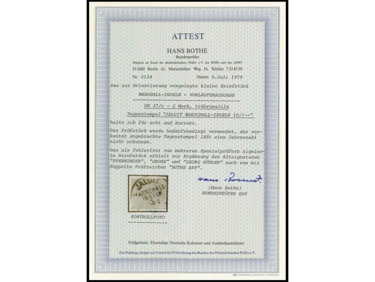 2 M. mittelrosalila mit Stempel "JALUIT MARSCHALL-INSELN 10/1" auf kleinem Briefstück, Kabinett, sign. und Fotoattest u.a. Bo
