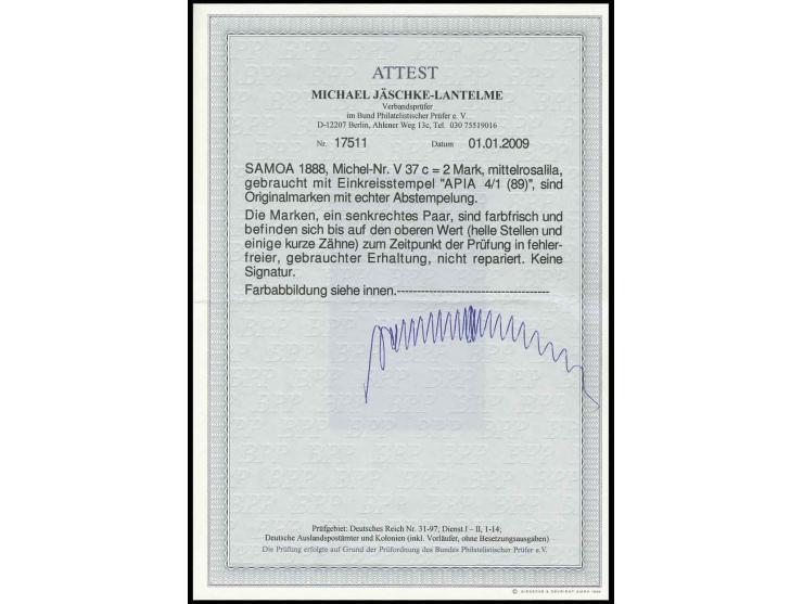 2 M. mittelrosalila, senkrechtes Paar, farbfrisch und sauber gestempelt "APIA 4/1", der obere Wert mit hellen Stellen und ein