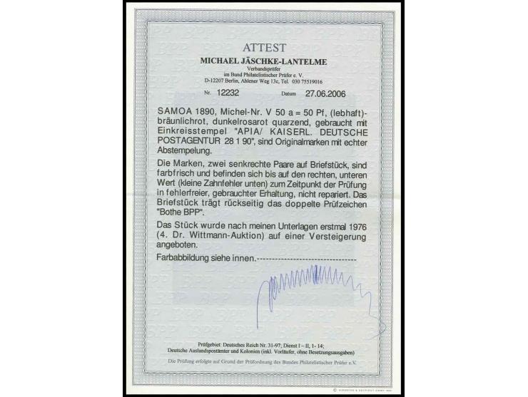 50 Pfg bräunlichrot, 2 senkrechte Paare mit zentrischem Stempel "KDPA APIA 28.1.90" auf Briefstück, rechte untere Marke Zahnf