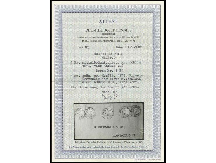 2 Kreuzer ziegelrot, 4 Werte als Zusatzfrankatur auf 1873, Privatganzsachenumschlag 1 Kr. grün der Firma H. Werninck & Co. (u