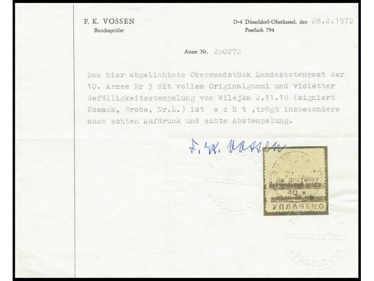 1918, 30 Pfg. (2, einmal Briefstück), 60 Pfg. und 40 K. auf 30 Pfg. (Oberrand), gestempelt, letztere mit violettem Gefälligke