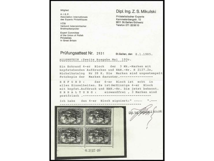 3 M. im Viererblock aus der linken oberen Bogenecke mit kopfstehendem Aufdruck und Aufdruck-HAN, drei Marken postfrisch, eine