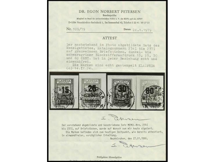 15-60 C. kpl. mit Stempel "Klaipeda 14.IX.24" auf Briefstücken, Fotoattest Petersen BPP