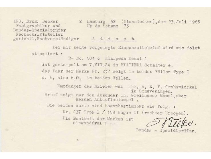 60 C. im waagerechten Paar mit Stempel "KLAIPEDA 7.VII.24" auf R-Brief nach Scheveningen, links unten minimal stockig, Zähnun
