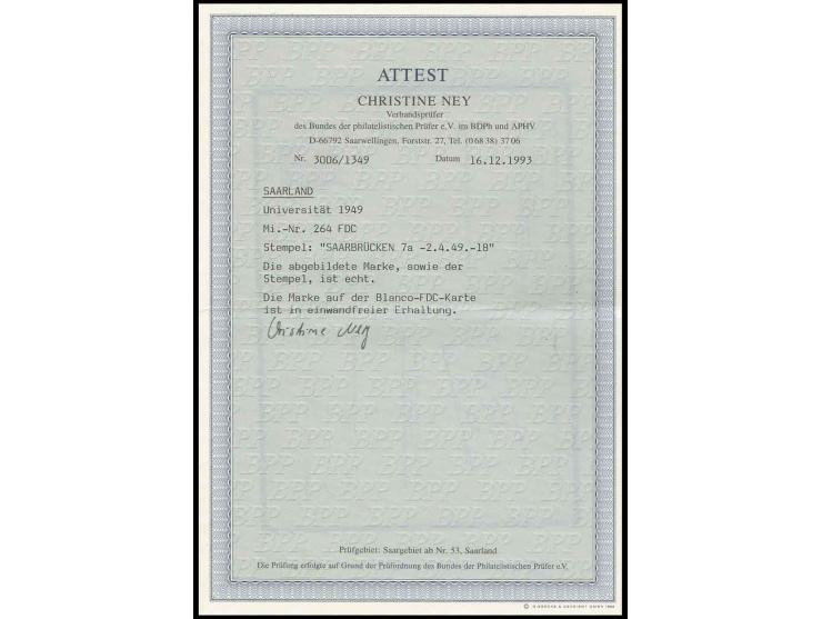 1948, Wiederaufbau 15 Fr. mit Ersttagsstempel "SAARBRÜCKEN 2.4.49" auf Blanko-Karte, Fotoattest Ney BPP (Mi. 4000,-)