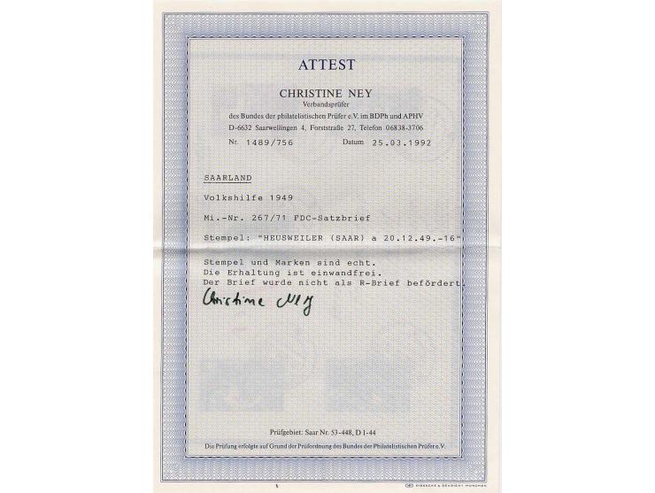 8 -50 Fr. kpl. mit Ersttagsstempel "HEUWEILER 20.12.49" auf Umschlag nach Kirschhof, R-Zettel entfernt und nicht als R-Brief 