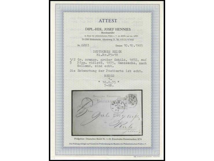 1/2 Groschen orange als Zusatzfrankatur auf 1875, Ganzsachenkarte 5 Pfennige mit Postamtsnummern-EKr. "NEUSS 1./18 8 75" nach