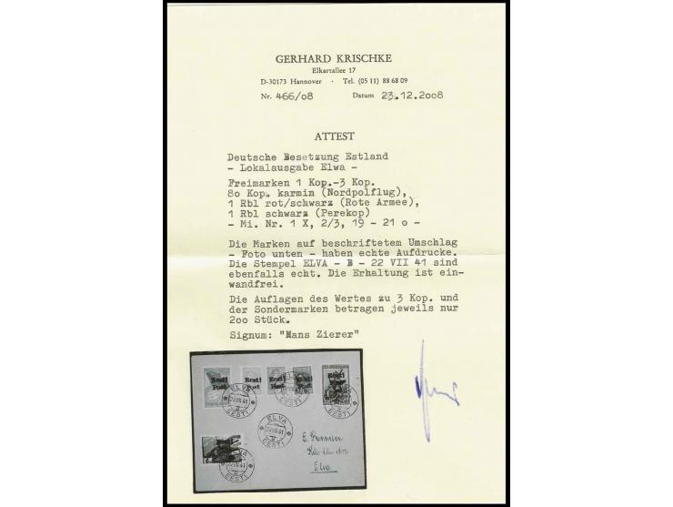 1941, 1-3 und 80 sowie 1 R. (2) mit Stempel "ELVA EESTI 22 VII 41" auf beschriftetem Umschlag, Kabinett, Fotoattest Krischke 