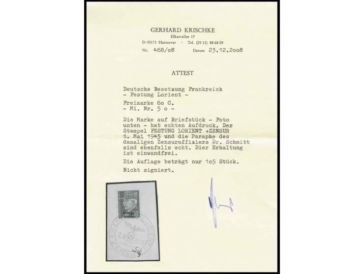 1945, 60 C. mit Stempel "FESTUNG LORIENT ZENSUR 1.Mai 1945" auf Briefstück, nebengesetzt die Paraphe des Zensuroffiziers Dr. 