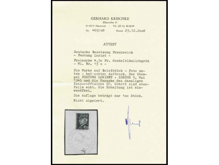 4.50 Fr. mit Stempel "FESTUNG LORIENT ZENSUR 1.Mai 1945" auf Briefstück, nebengesetzt die Paraphe des Zensuroffiziers Dr. Sch