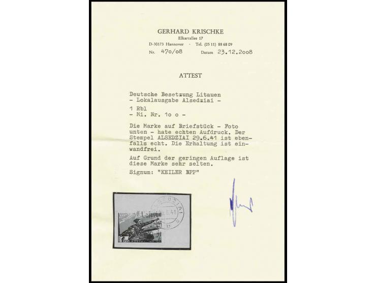 1941, mit schwarzgrauem Handstempelaufdruck: 1 Rbl., sauber gestempelt auf kleinem Briefstück, Kabinett, Fotoattest Krischke 