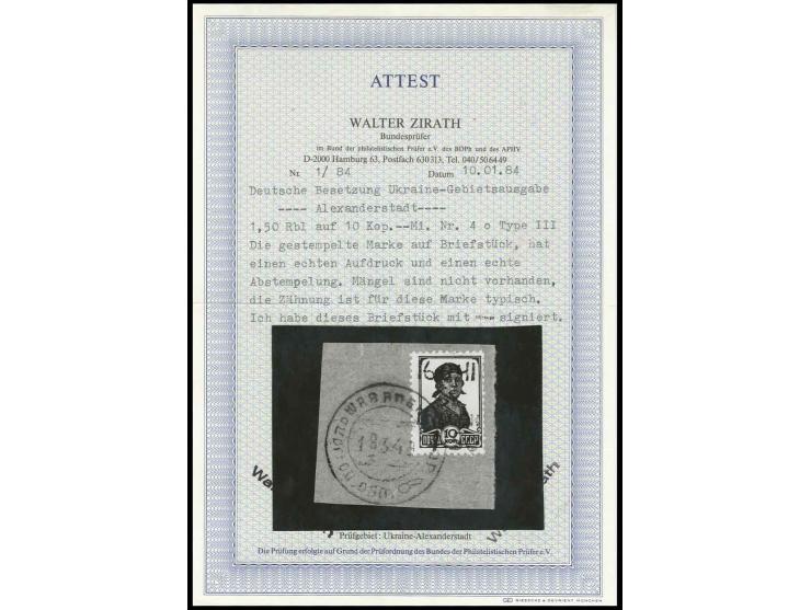 1942, Aufdruck in Type III: 1,50 Rbl. auf 10 K., sauber gestempelt auf Briefstück, Kabinett, Fotoattest Zirath BPP (ex Sammlu