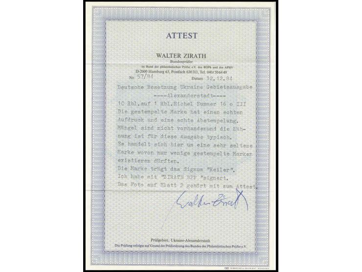 10 Rbl. auf 1 R., sauber gestempelt, eine der großen Raritäten der Besetzungsausgaben II. WK, Kabinett, sign. Keiler und Foto