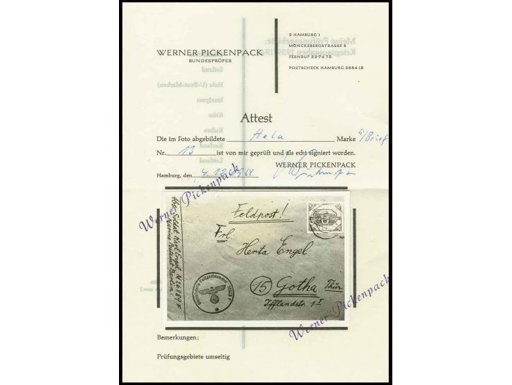 1945, U-Boot Hela blau mit Tarnstempel auf komplettem Brief nach Gotha, nebengesetzt Feldpoststempel "Dienststelle Feldpostnu